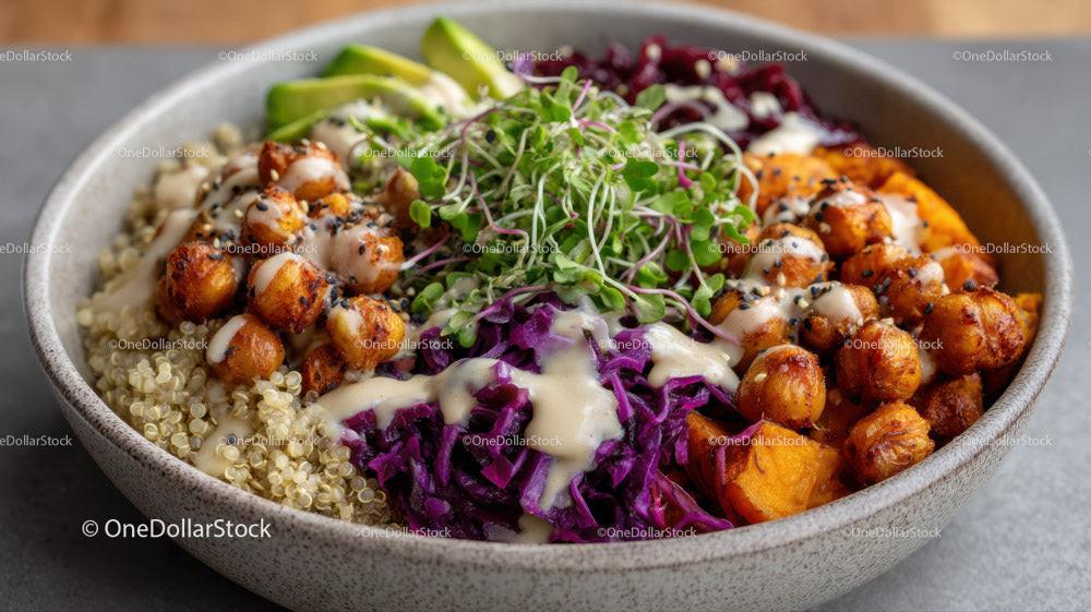Colorful Quinoa Salad with Avocado Roasted Chickpeas and Microgreens Stock Photo Bundle preview 15