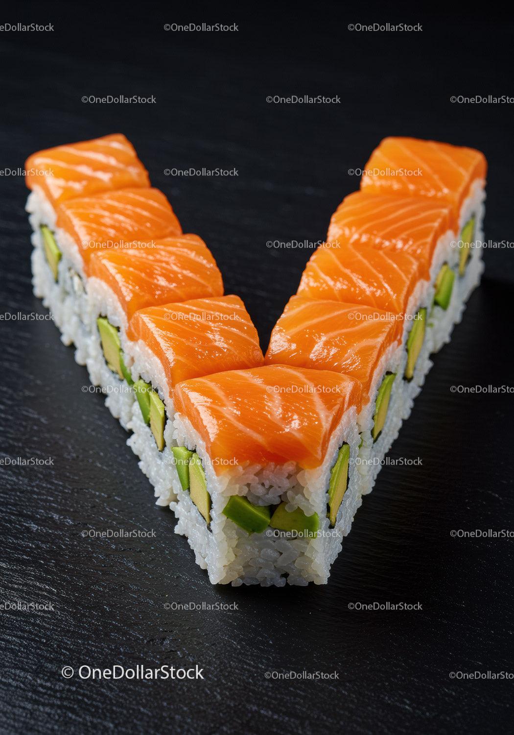 Fresh salmon avocado sushi rolls on black slate