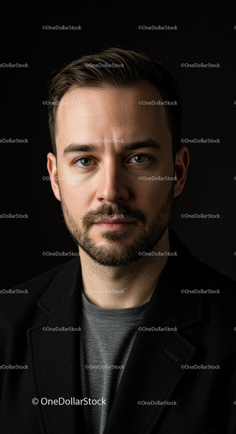 Serious man with beard looking directly at camera