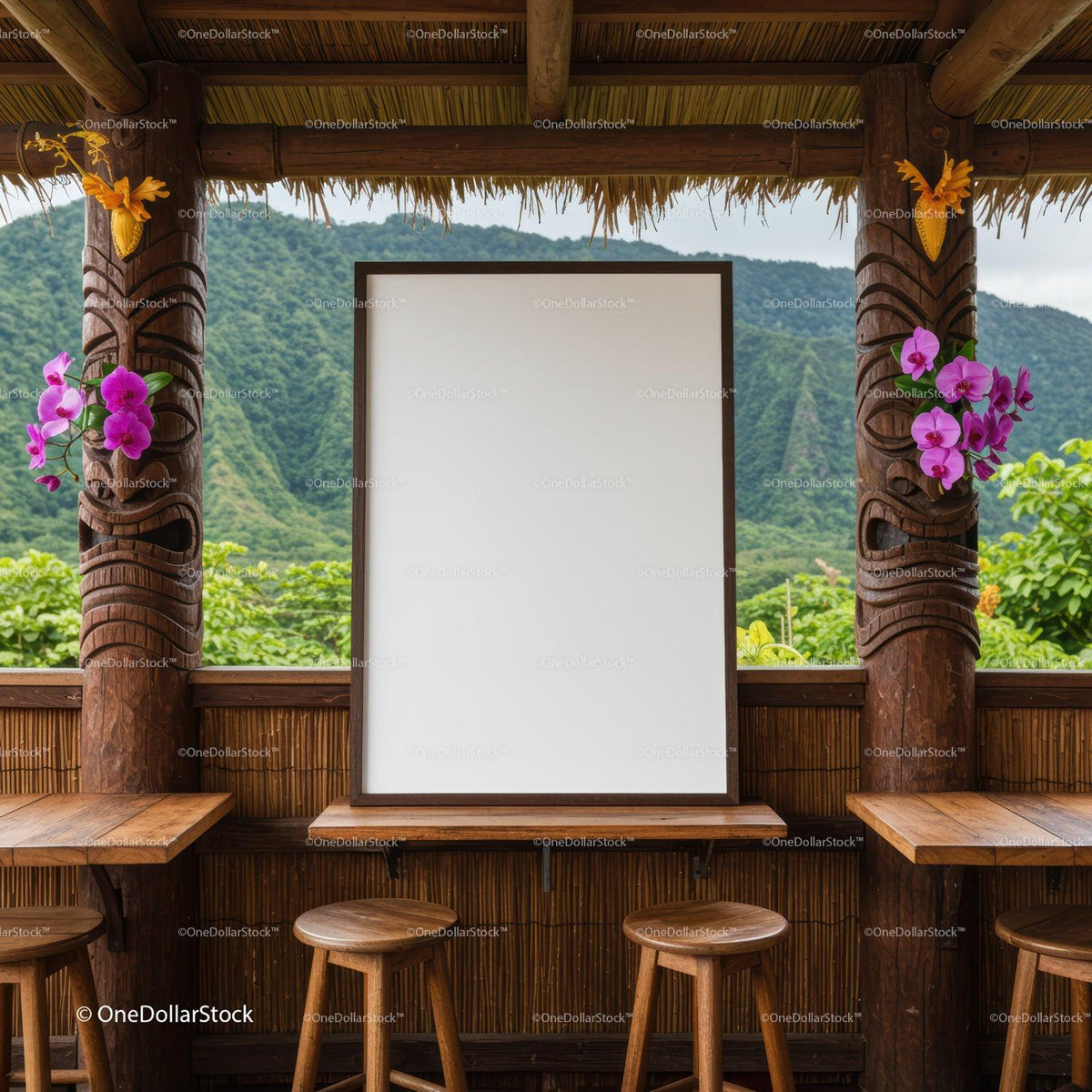 Empty wooden bar with tropical mountain view and orchids JPG Mockup Image preview