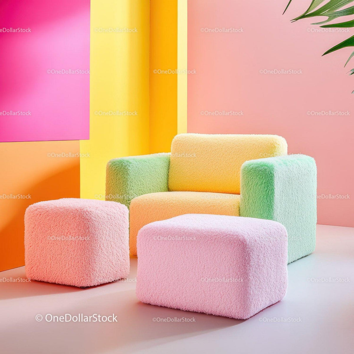 Bright Pink Armchair with Lime Green Cushion and Yellow Ottoman in Modern Living Room Stock Photo Bundle preview 9