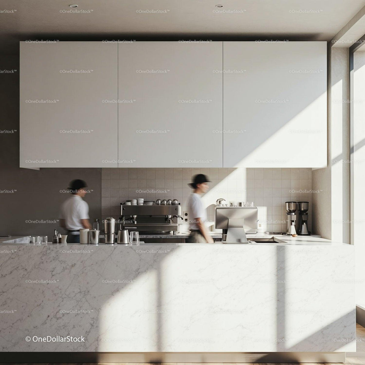 Minimalist cafe interior with baristas at work JPG Mockup Image preview
