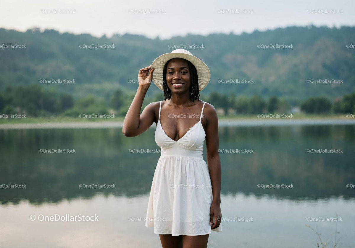 Beautiful Woman in White Dress with Wide-Brim Hat by Lake Stock Photo Bundle preview 10