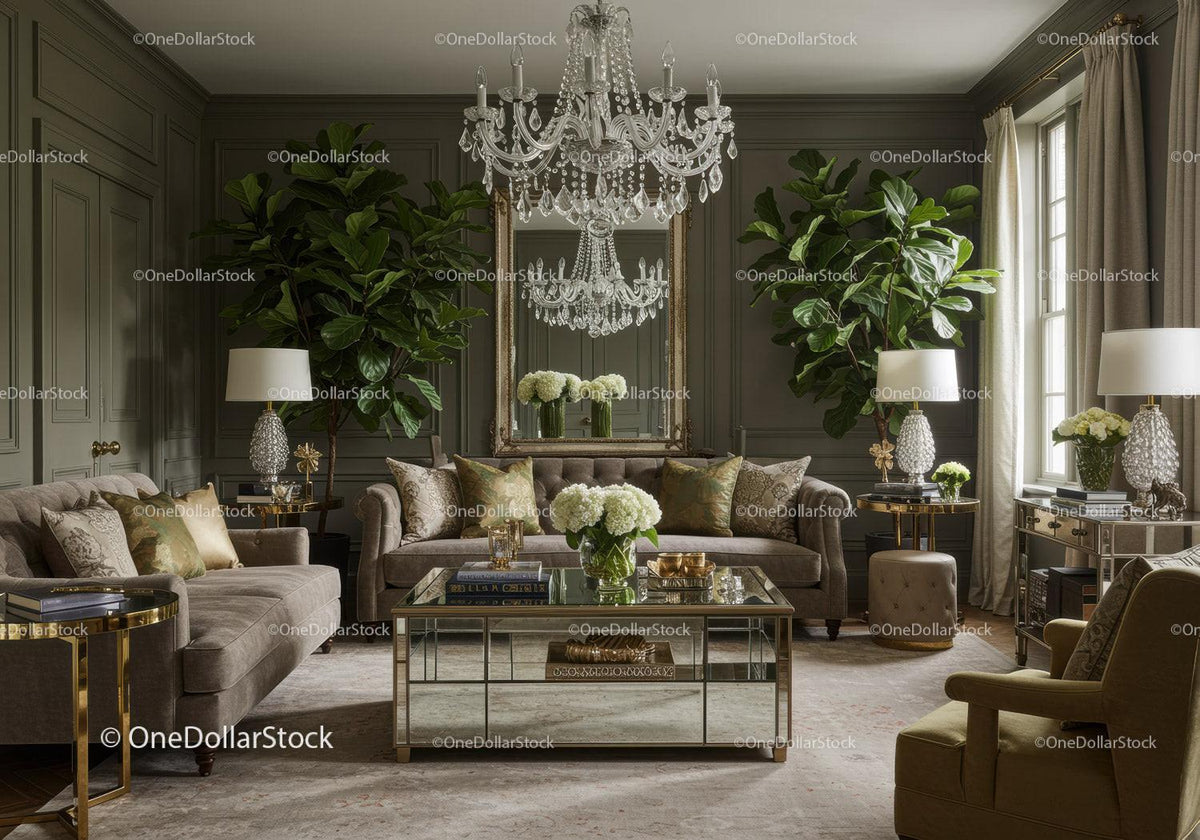 Elegant living room with classic chandelier and greenery