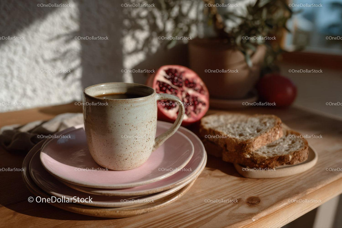 Rustic Coffee Mug with Sliced Bread and Pomegranate in Sunlight