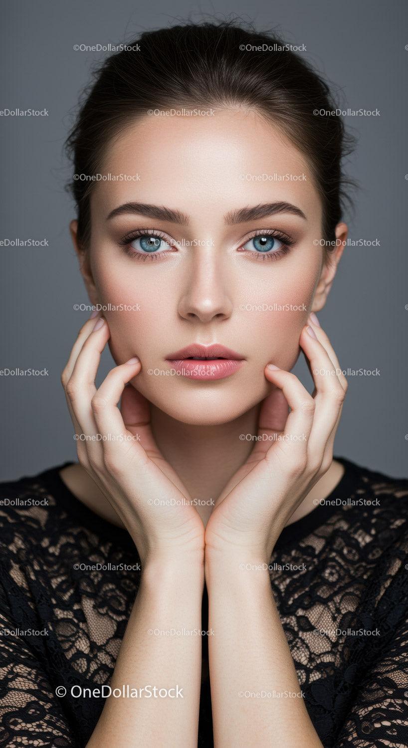 Portrait of a Young Woman with Blue Eyes and Elegant Makeup