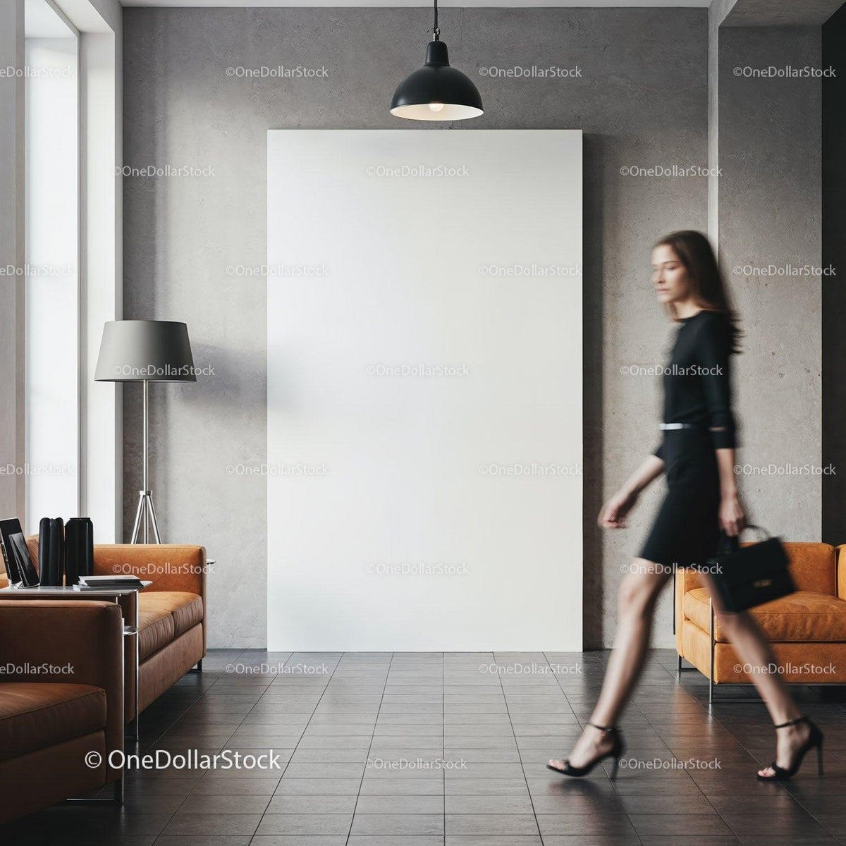 Woman walking past blank canvas in modern living room JPG Mockup Image preview