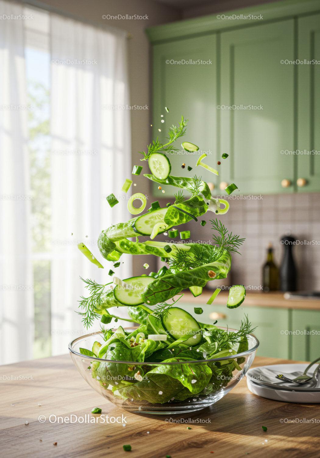 Fresh green salad ingredients in glass bowl on kitchen table