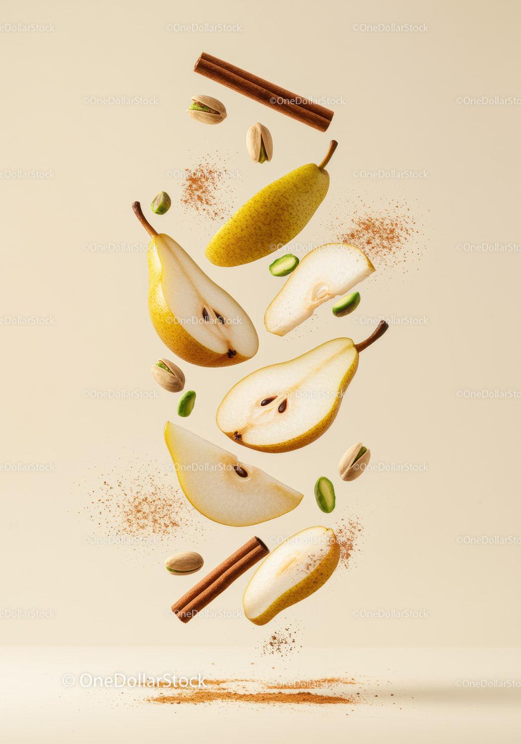 Fresh sliced pears with cinnamon and pistachios floating