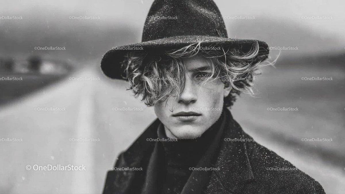 Black and White Portrait of Young Man with Wavy Hair and Edgy Style