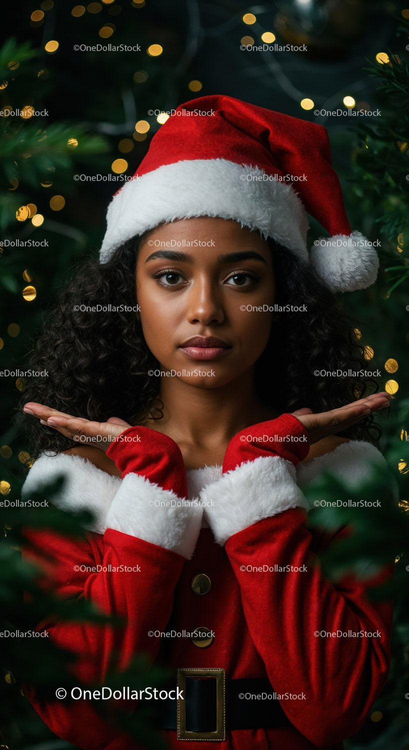 Young woman in festive Santa outfit surrounded by holiday lights