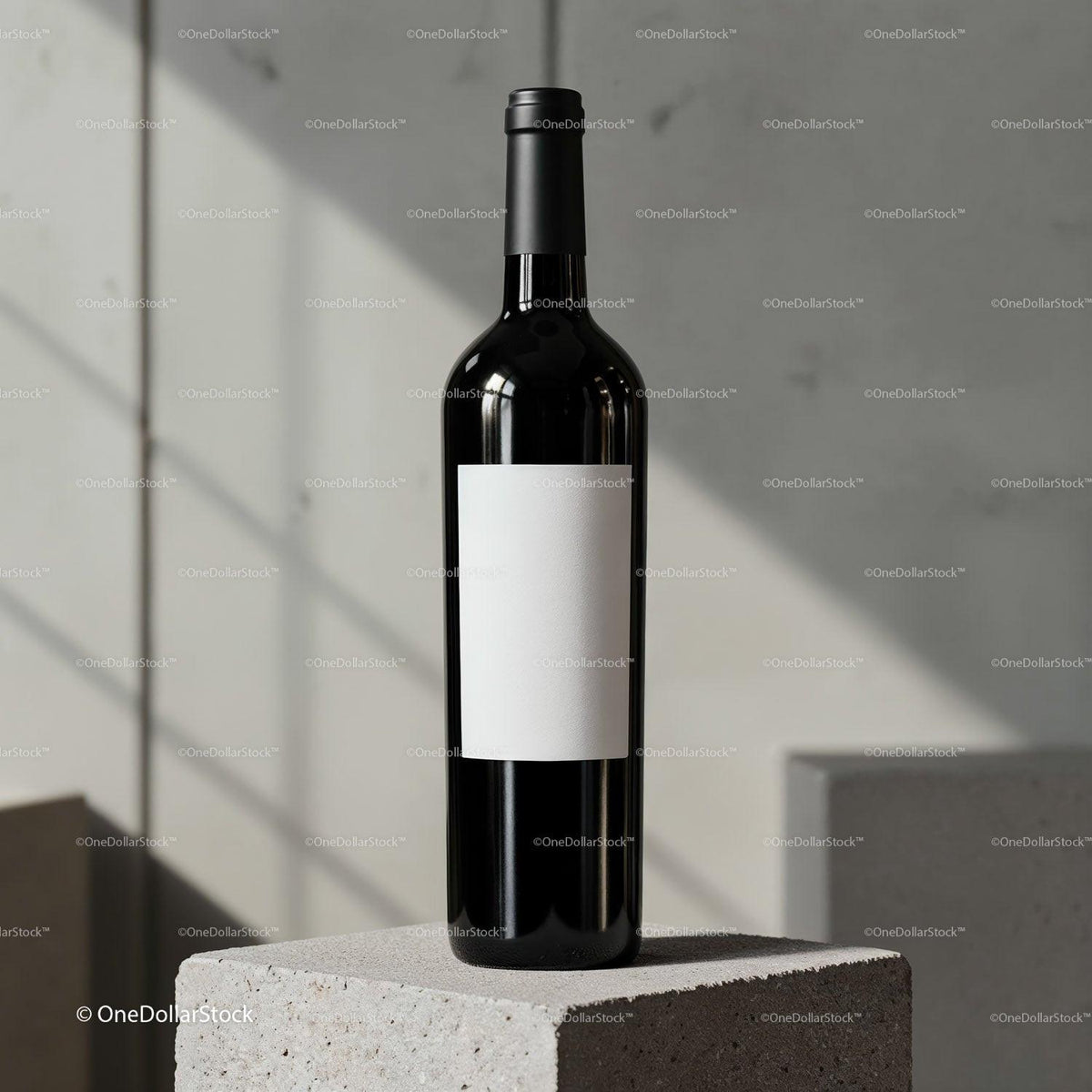 Minimalist wine bottle with blank label on concrete block JPG Mockup Image preview