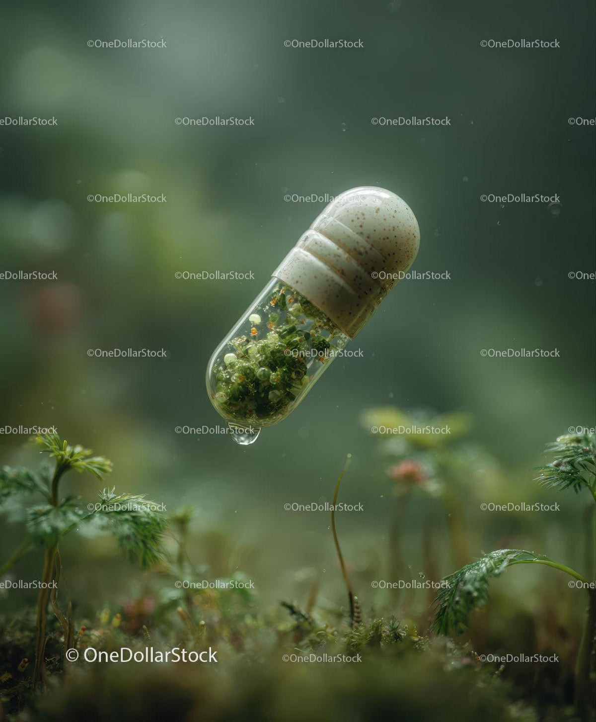 Transparent capsule containing green plant material floating above mossy ground with fog