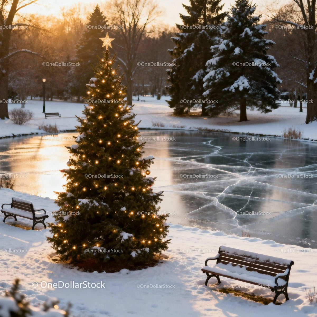 Christmas Tree with Lights by Frozen Park Pond at Sunset