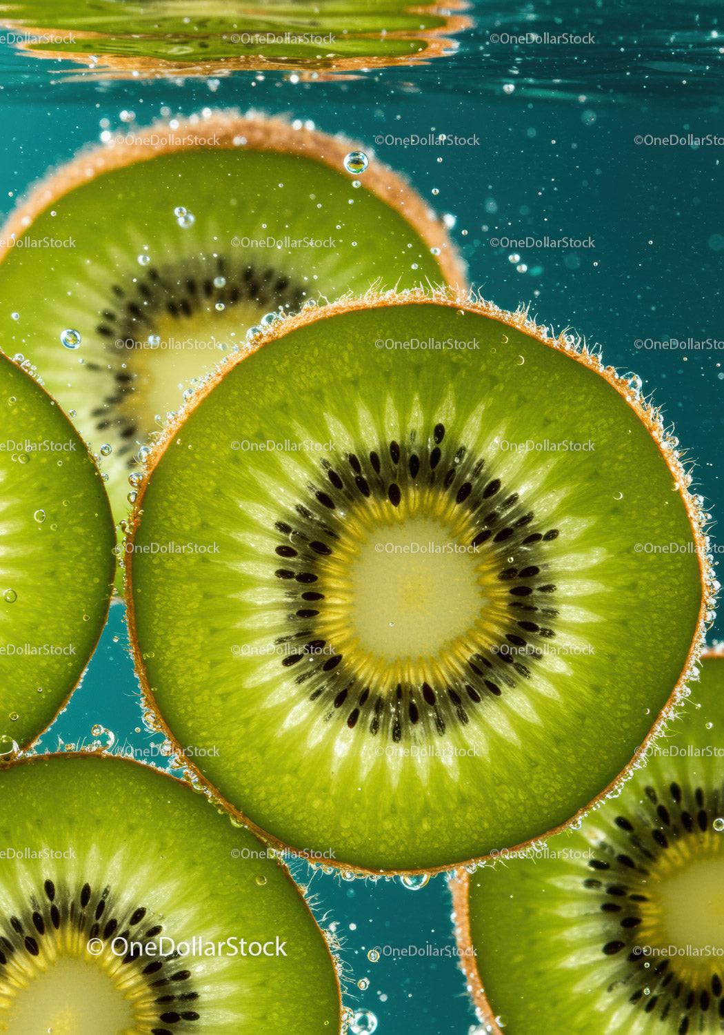 Fresh kiwi slices submerged in clear sparkling water
