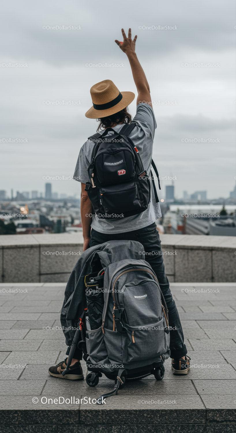Traveler with hat and backpack enjoying city view outdoors
