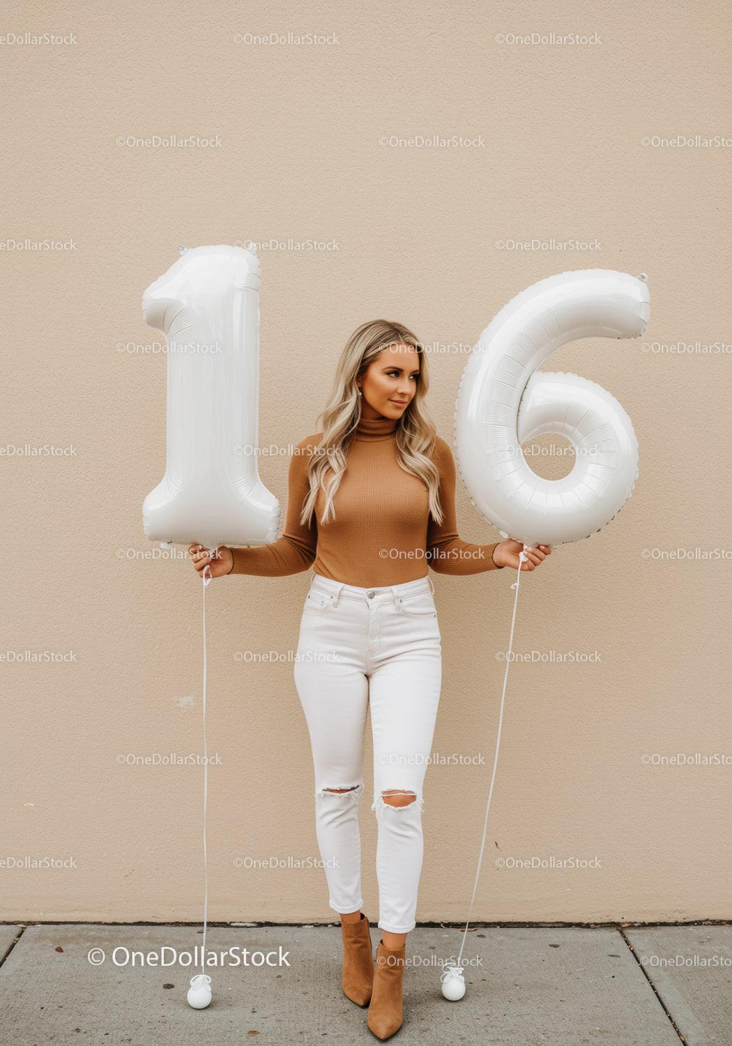 Teenage girl celebrating sixteenth birthday with balloons