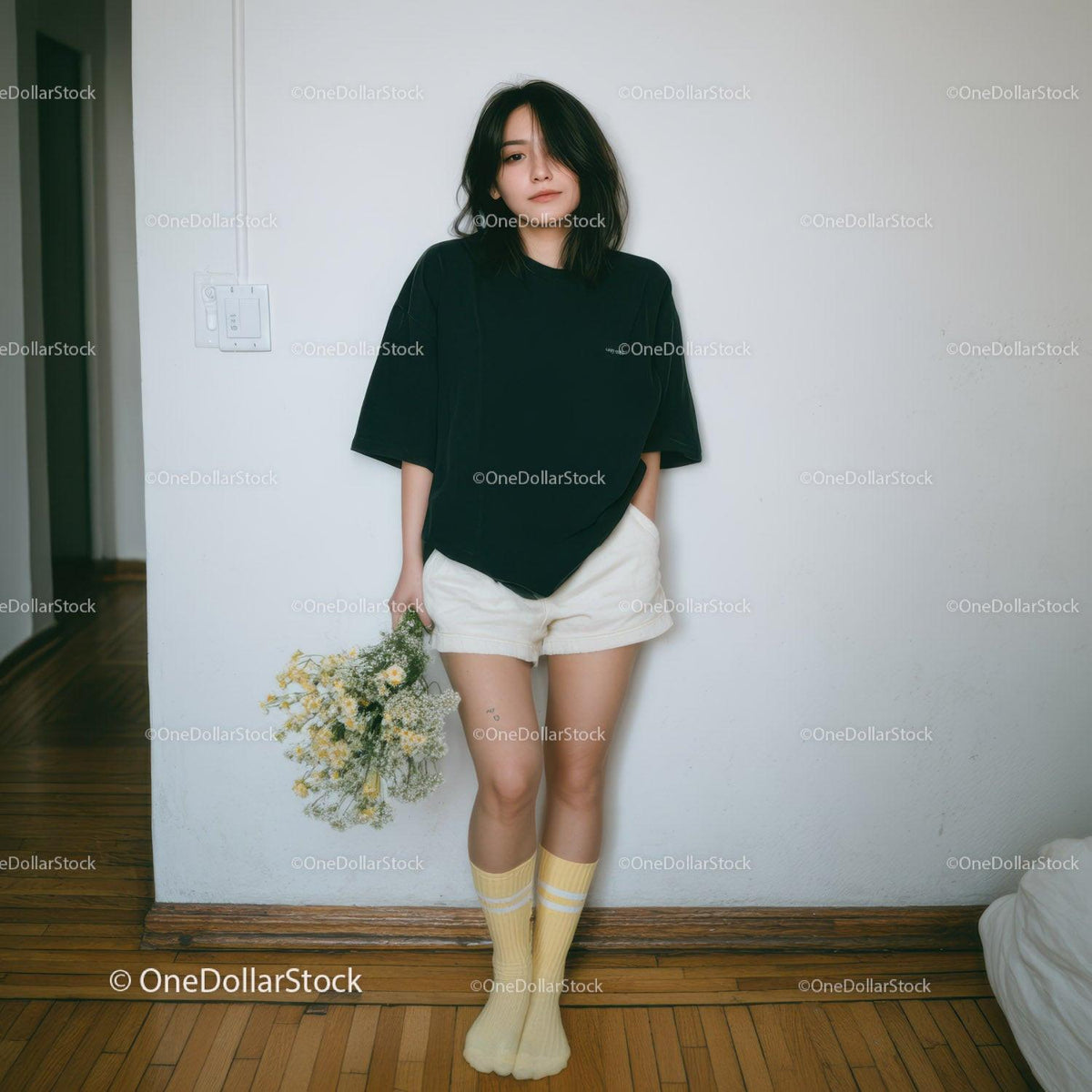 Young Woman in Casual Streetwear Holding Flower Bouquet Indoors