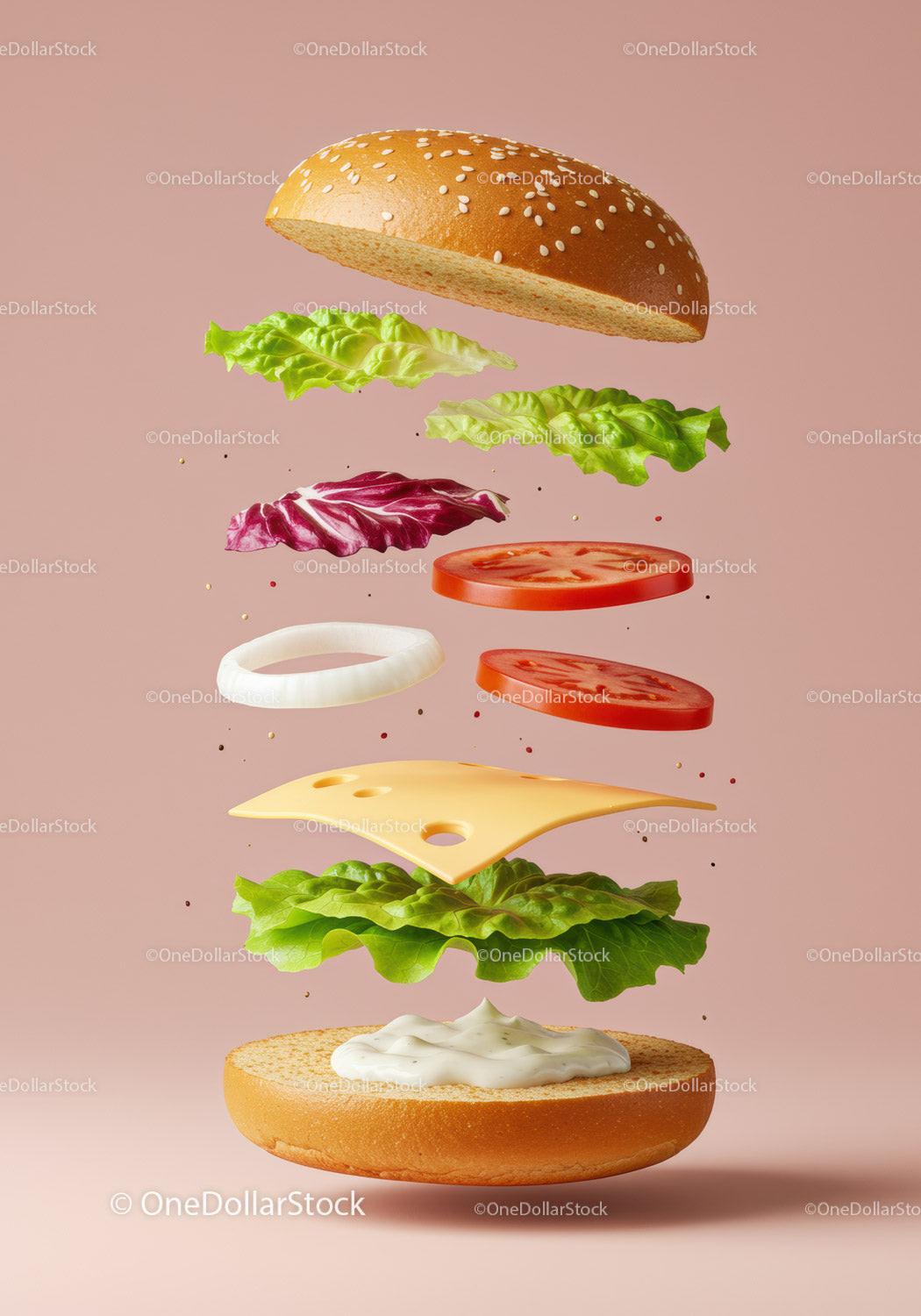 Floating Fresh Vegetable and Cheese Burger Ingredients