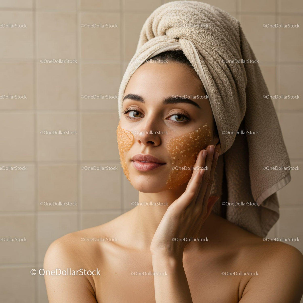 Woman Applying Exfoliating Face Mask in Spa Relaxation
