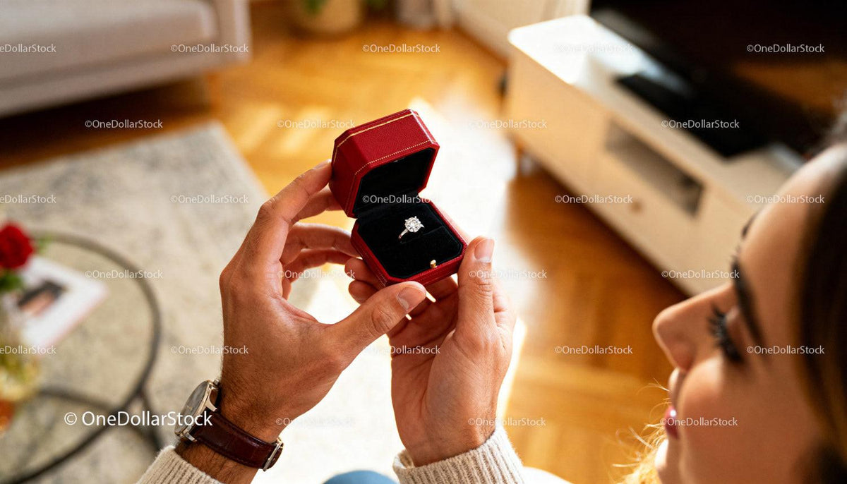 Man presenting a diamond ring in a velvet box indoors