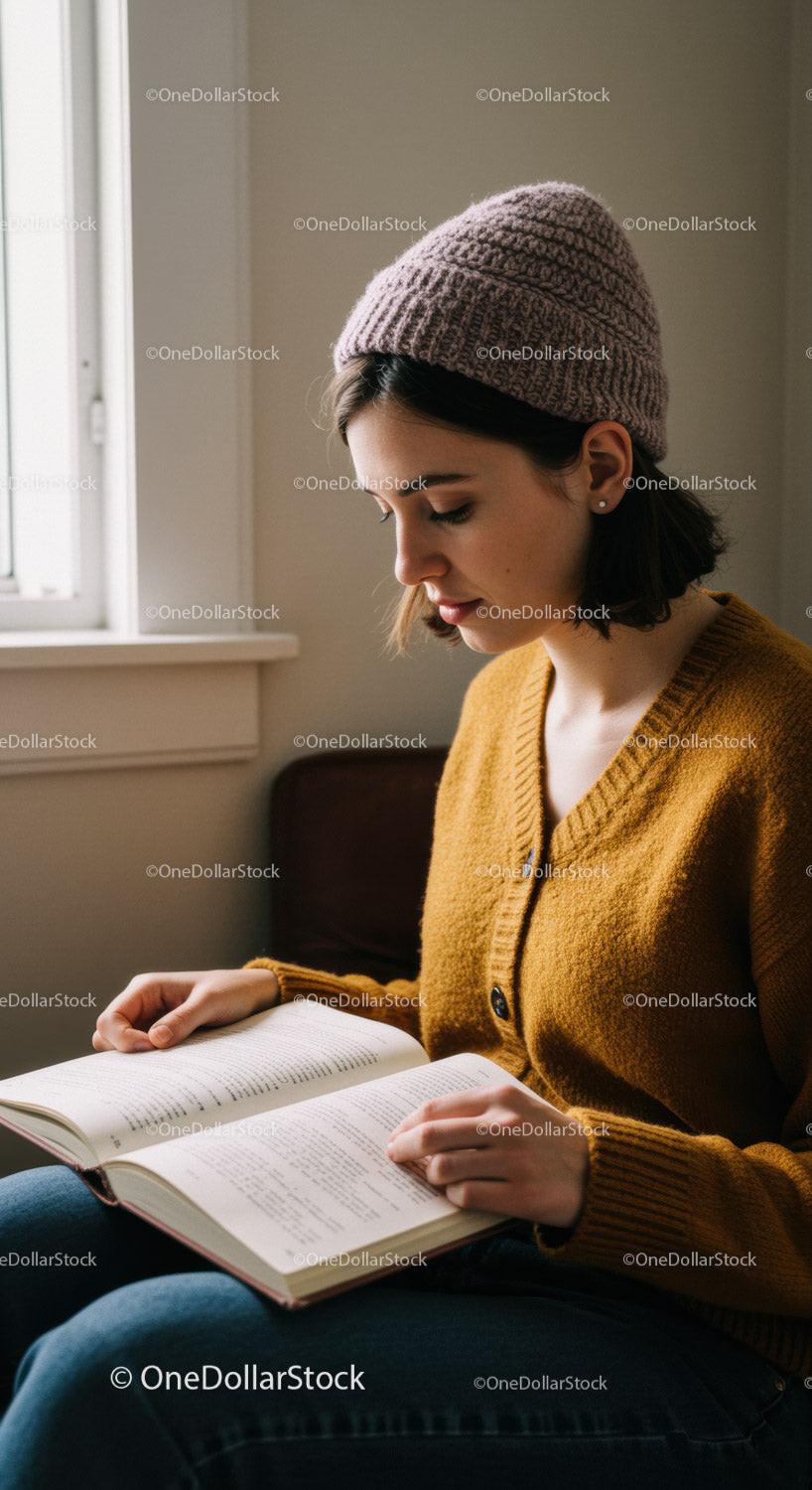 Woman in mustard sweater and wool hat reading a book indoors