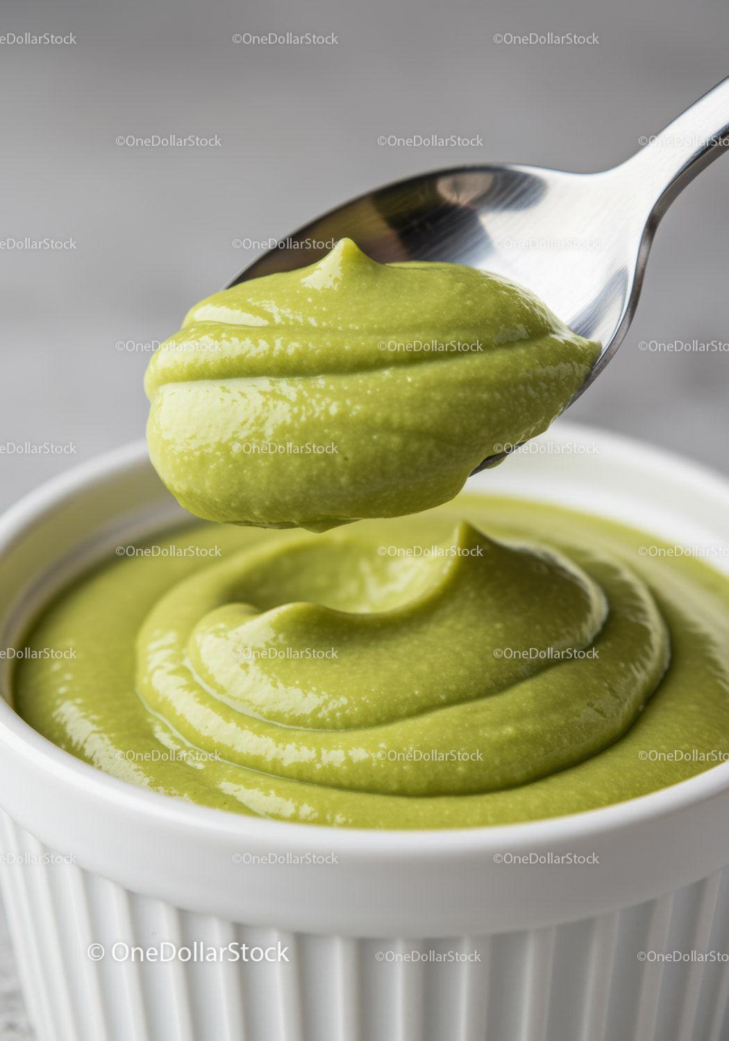 Creamy green avocado spread in white ramekin