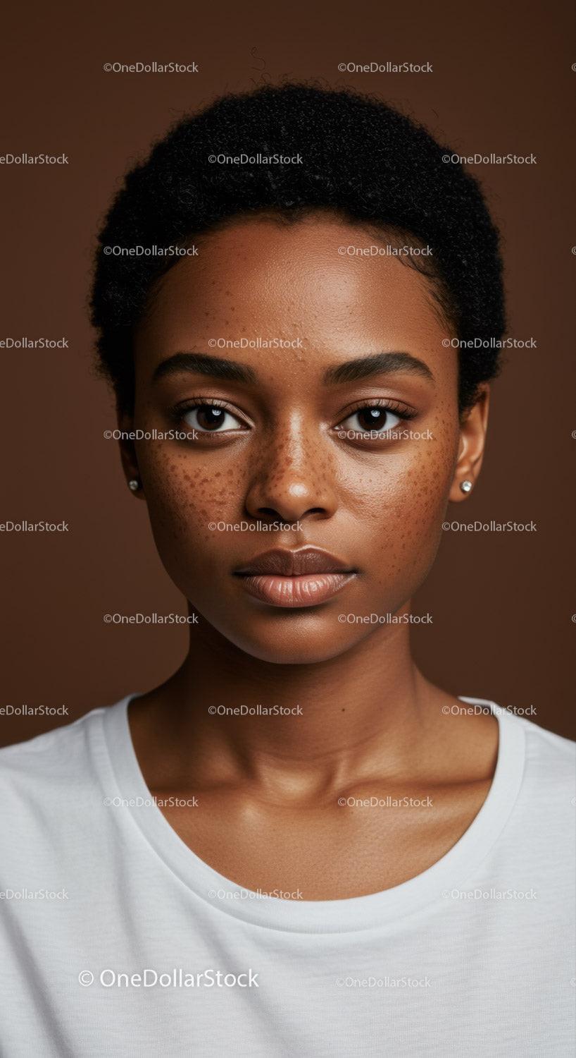 Close-up Portrait of a Young Woman with Natural Afro Hair and Freckles