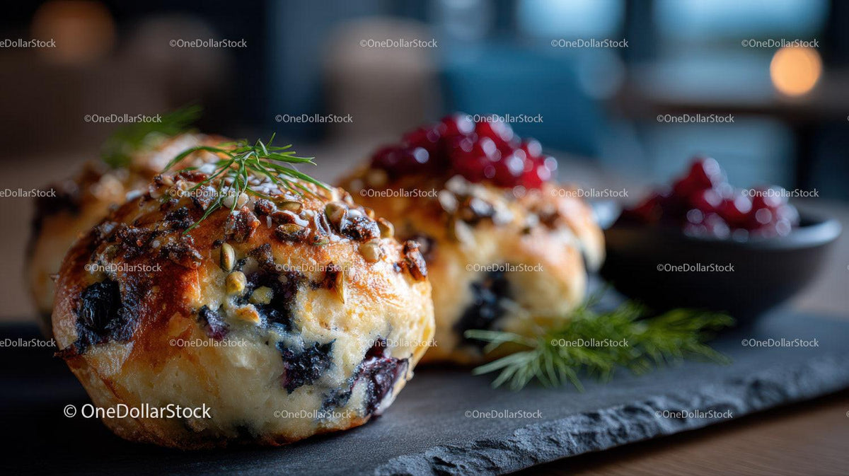 Blueberry Muffins with Blueberry Topping and Green Garnish