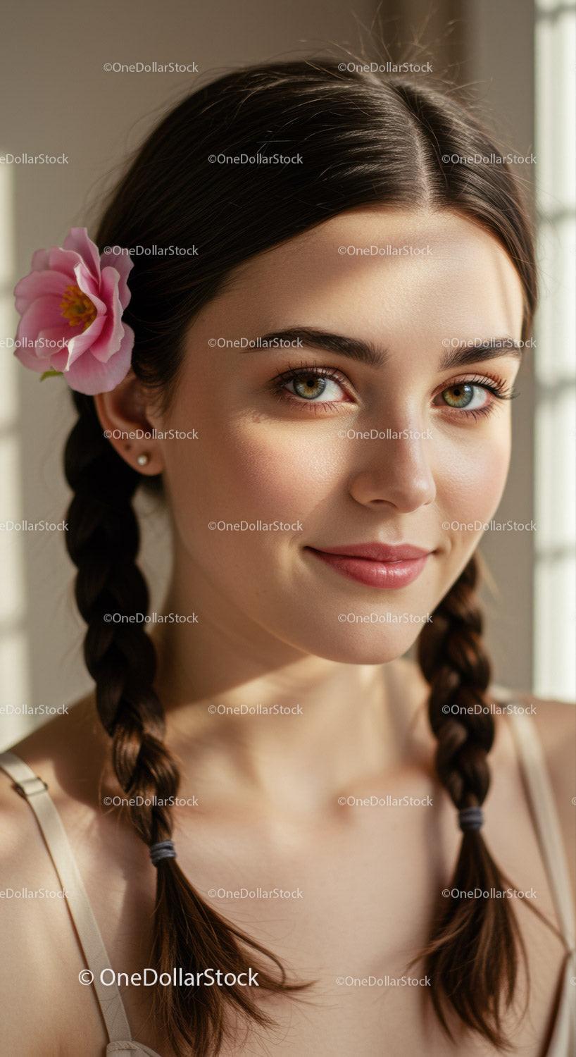 Young Woman with Pink Flower in Hair and Braided Tresses