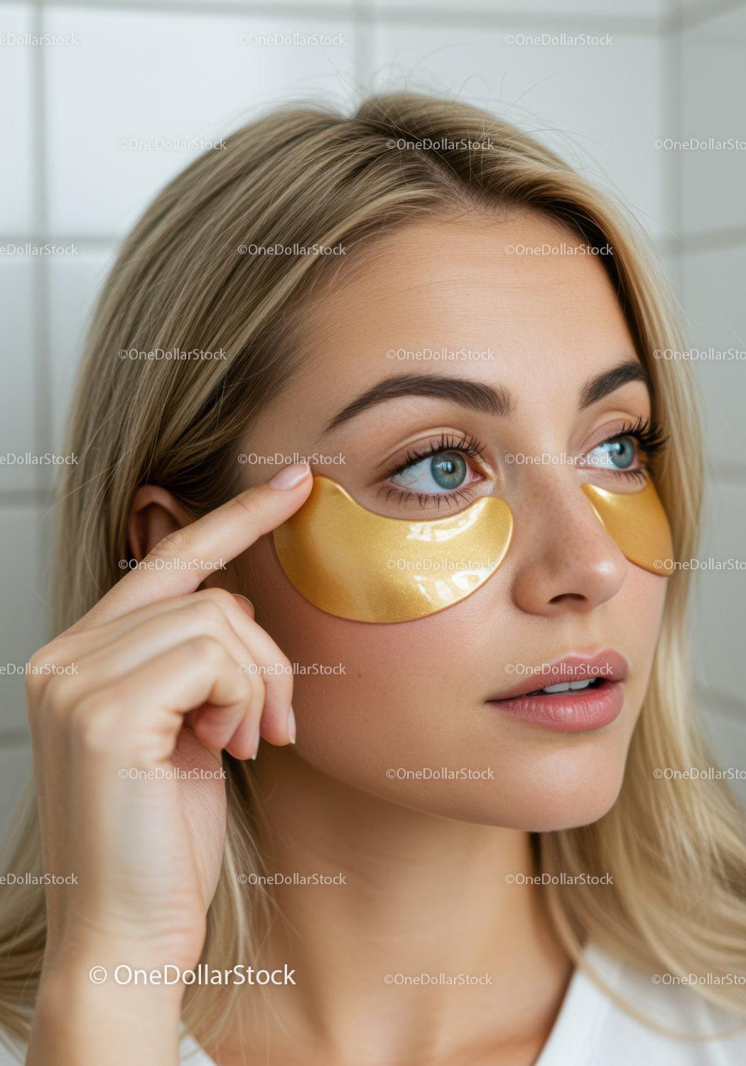 Close Up of Woman Applying Gold Eye Patches for Skincare Treatment