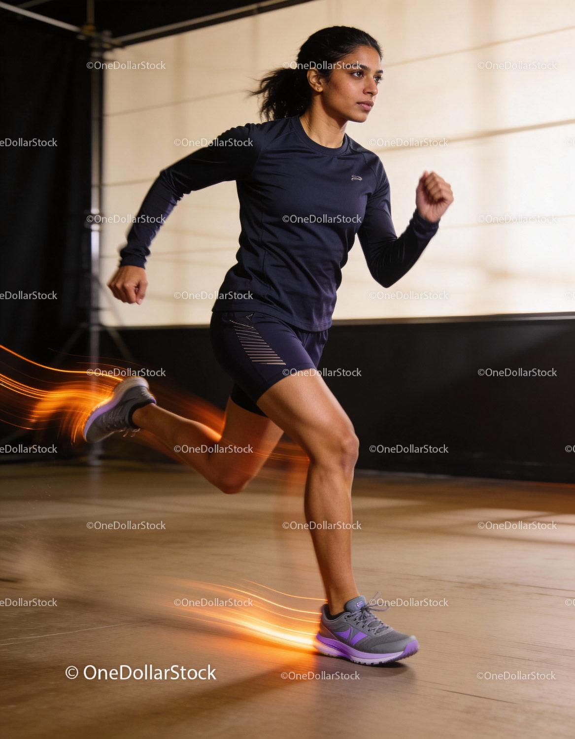 Focused woman sprinting indoors in athletic outfit