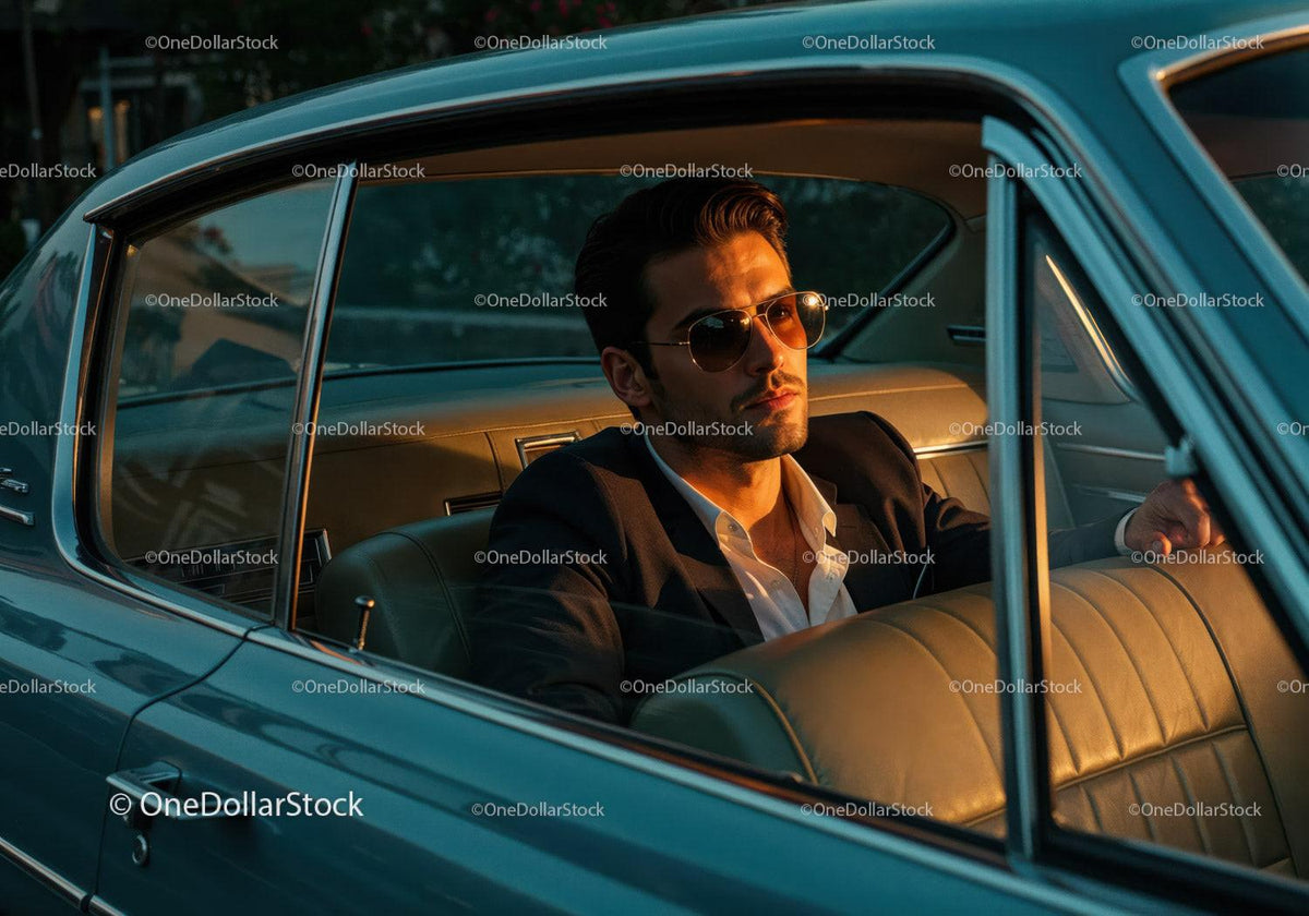 Stylish Man in Sunglasses Sitting in Classic Vintage Car at Sunset Stock Photo Bundle preview 43