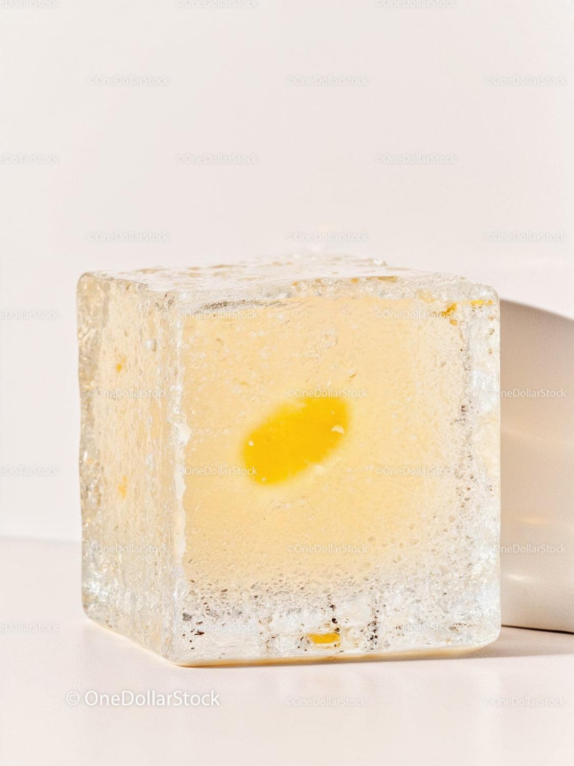 Transparent ice cube with yellow flower inside