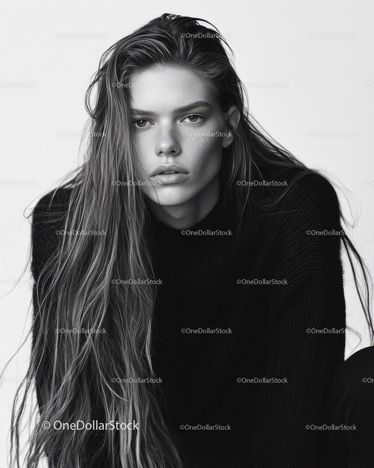 Monochrome Portrait of Female Model with Long Hair and Confident Expression