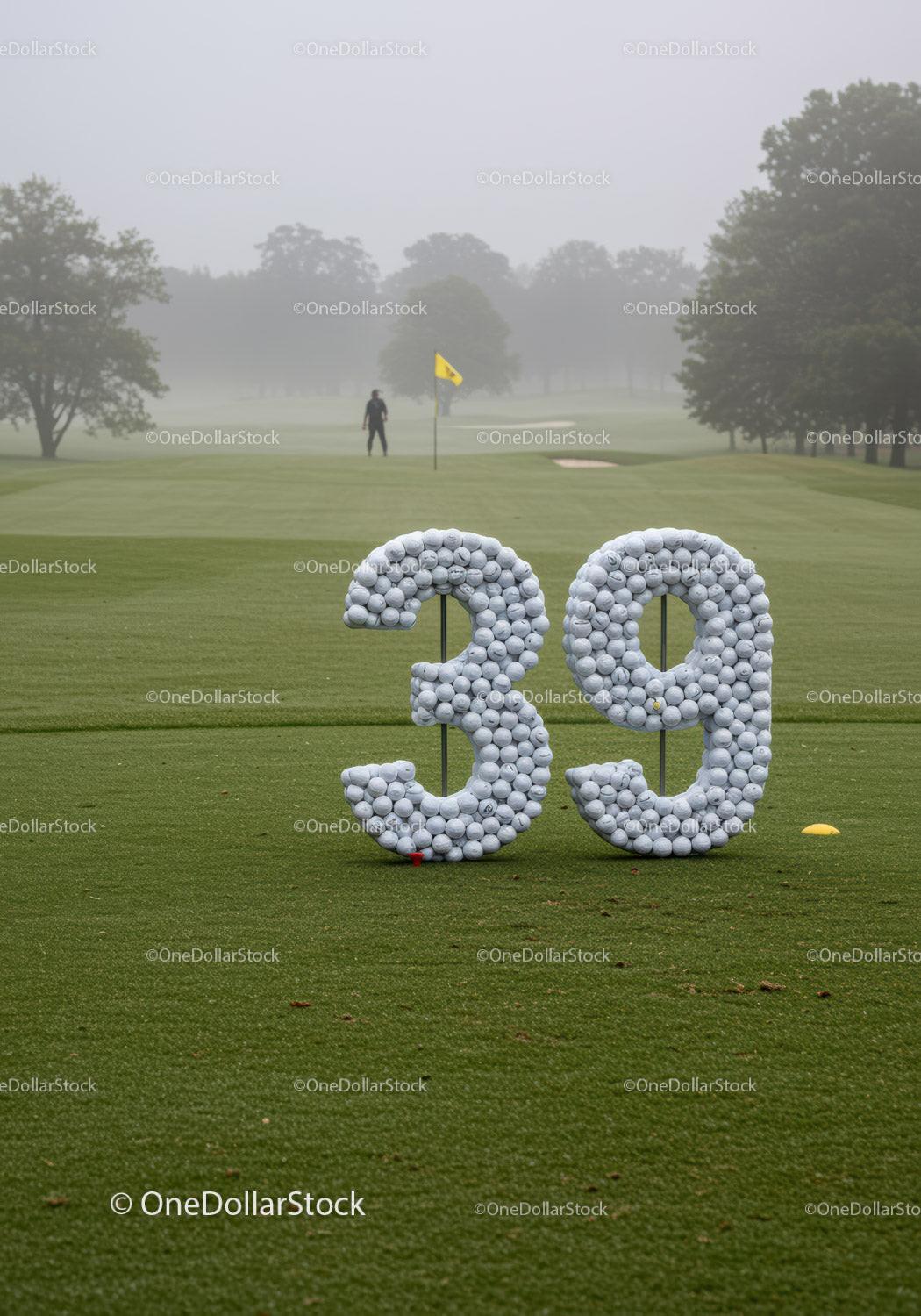 Golf course marker made of white golf balls