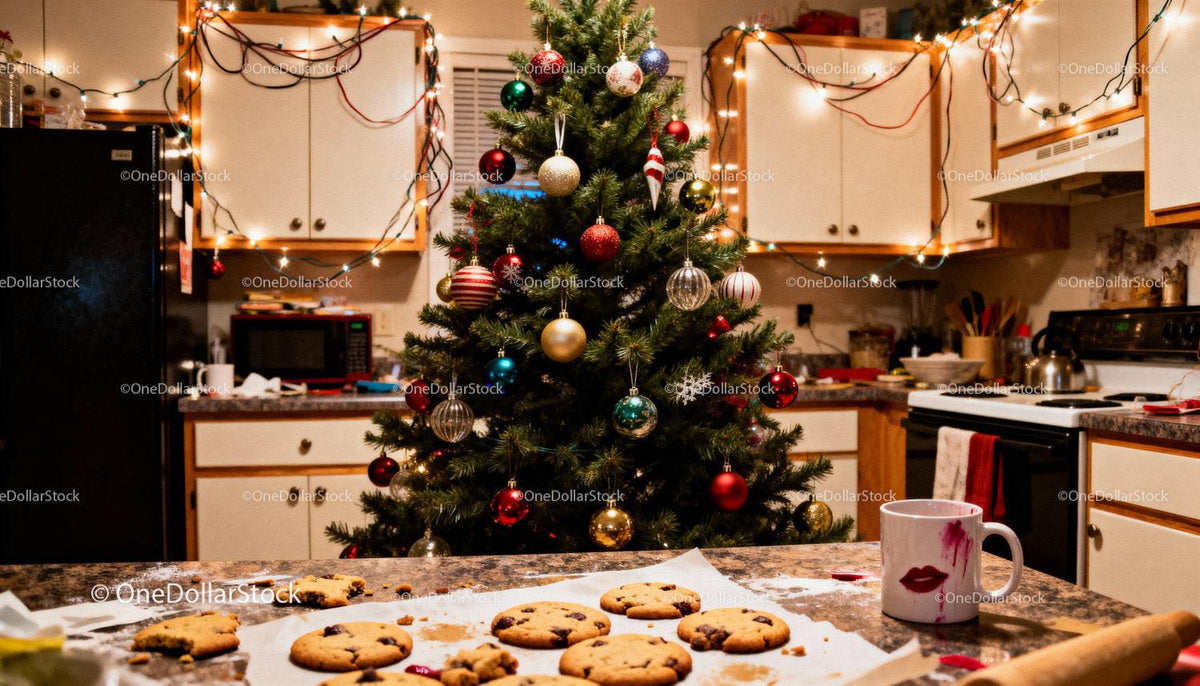 Cozy kitchen with decorated Christmas tree and cookies