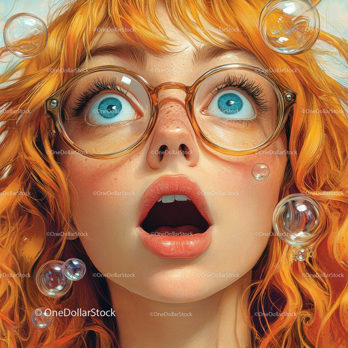 Close-up of woman with round glasses, curly orange hair, and blue eyes surrounded by bubbles