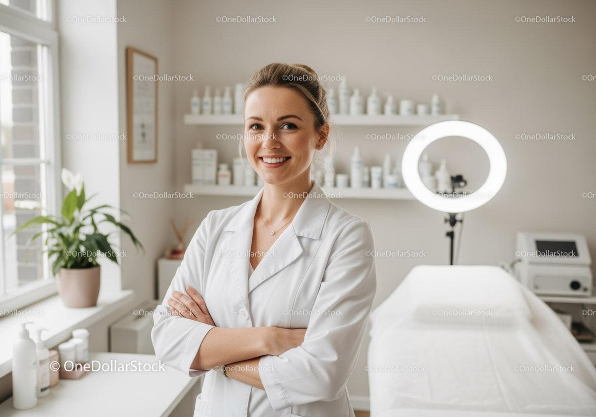Smiling Female Healthcare Professional in Modern Skincare Clinic with Skincare Products
