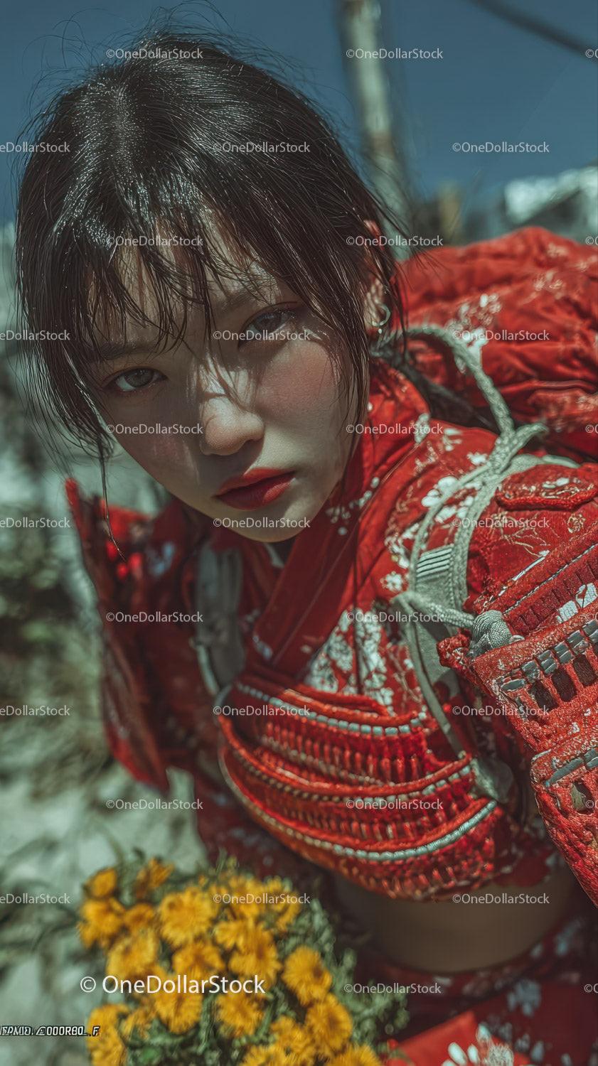 Striking Portrait of Woman in Red Traditional Dress with Intense Expression