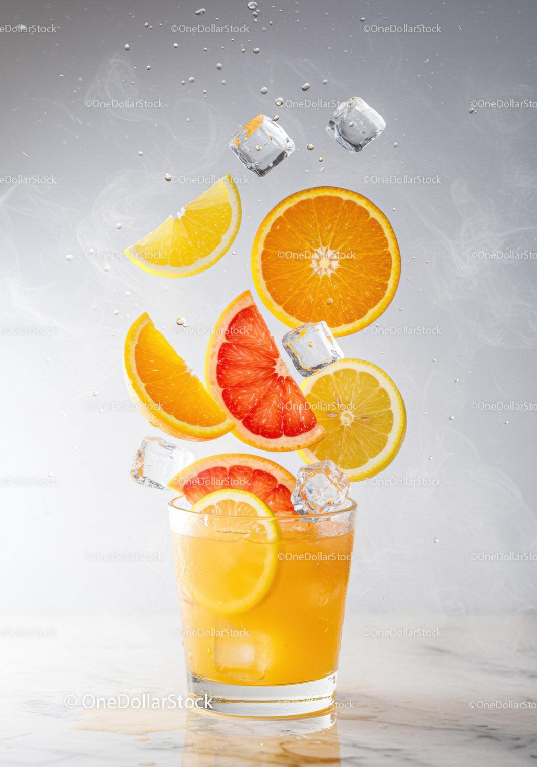 Refreshing Citrus Cocktail with Floating Fruit and Ice Cubes