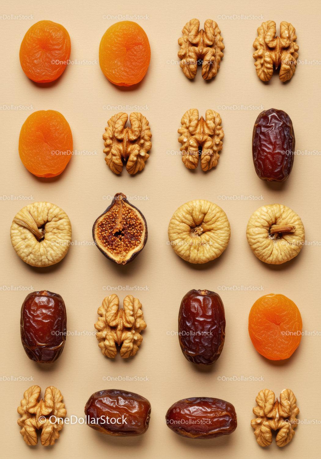 Neatly Arranged Assortment of Dried Fruits and Nuts