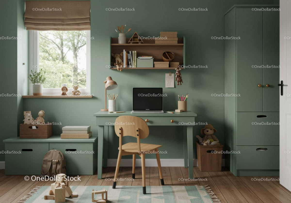 Child's Study Corner with Green Walls and Wooden Furniture