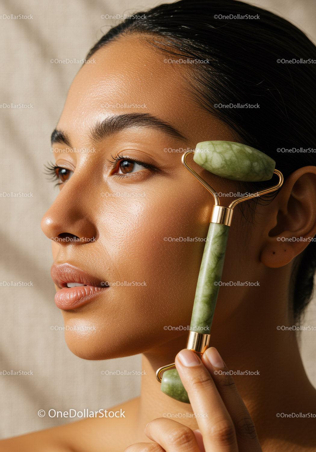 Young Woman Using Jade Roller for Facial Rejuvenation and Skin Care