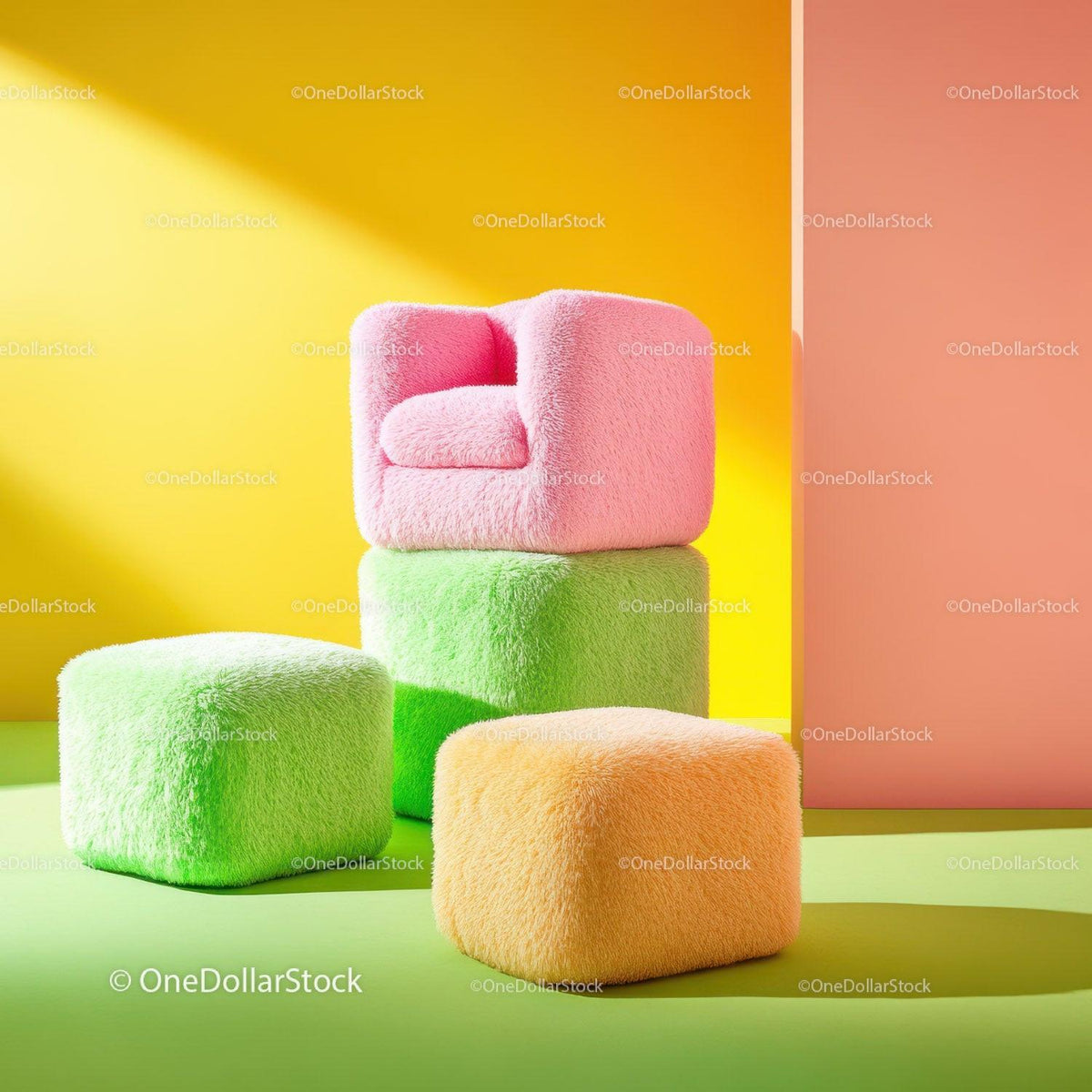 Bright Pink Armchair with Lime Green Cushion and Yellow Ottoman in Modern Living Room Stock Photo Bundle preview 10