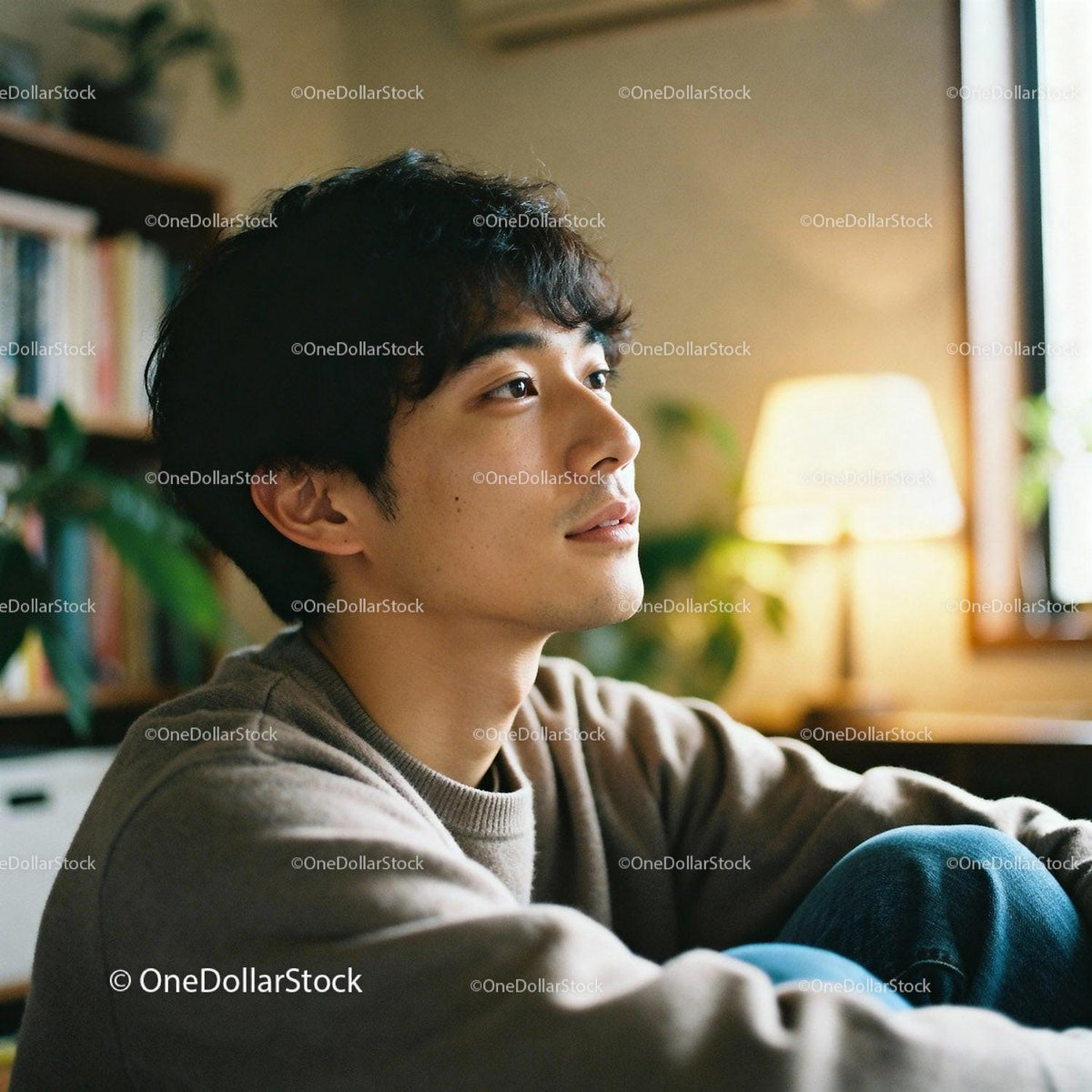 Young man in cozy room lost in thoughtful reflection