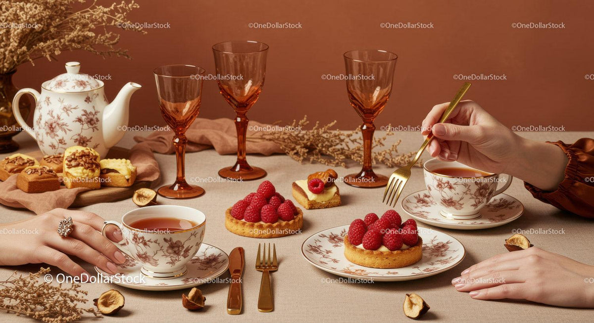 Elegant Afternoon Tea with Raspberry Tarts and Vintage China