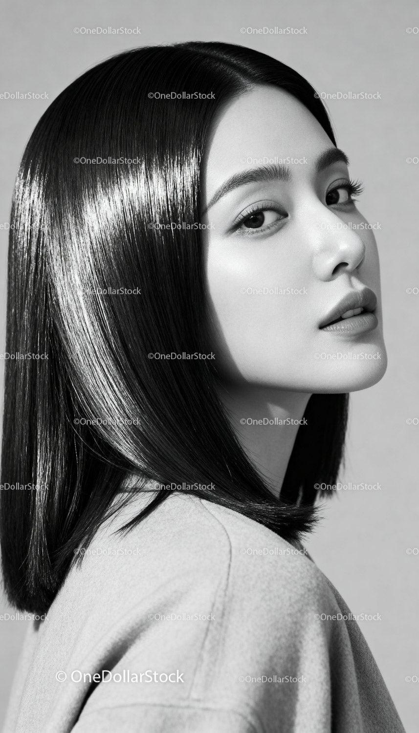 Elegant woman with sleek shiny hair in monochrome portrait