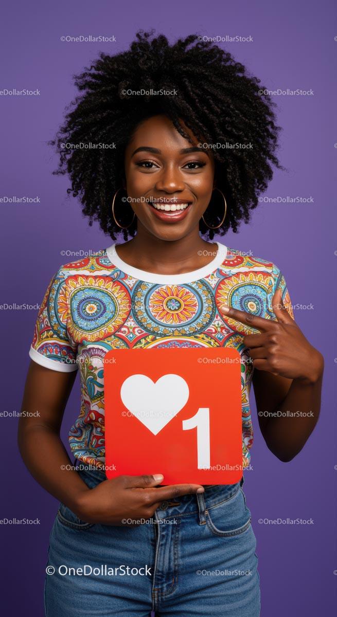 Vibrant Young Woman Holding Heart and One Likes Sign in Studio