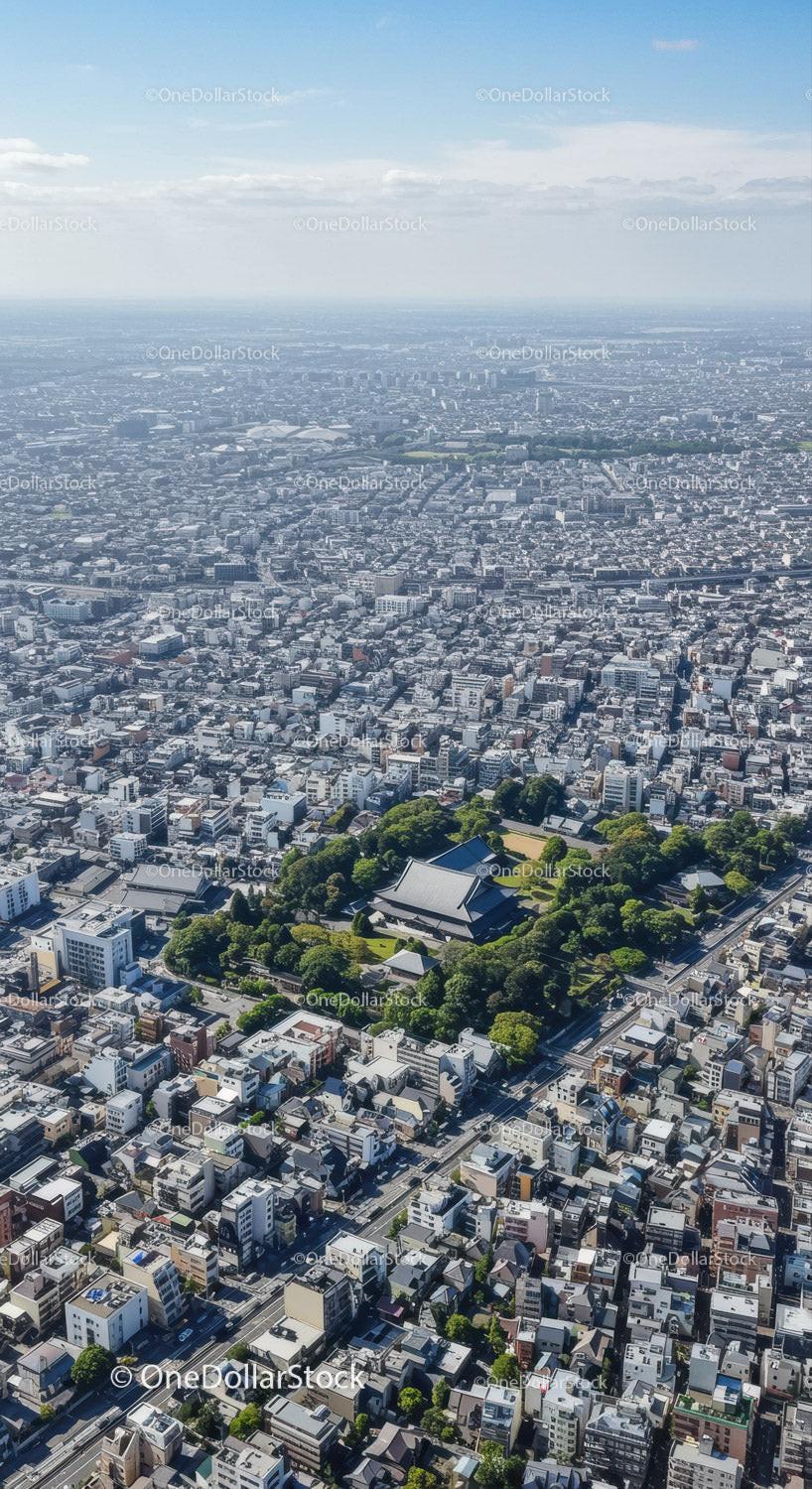 Aerial View of Tokyo Cityscape with Dense Urban Buildings and Green Park